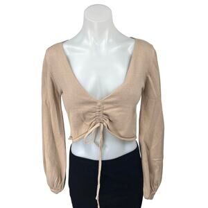 Princess Polly Beige Ruched Tie Puff Long Sleeve Cropped Sweater Top Size S/M